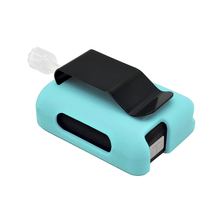 Aqua Tandem Mobi EZ-To-Charge Clip with Mobi insulin pump inside the case, laying flat on a surface.