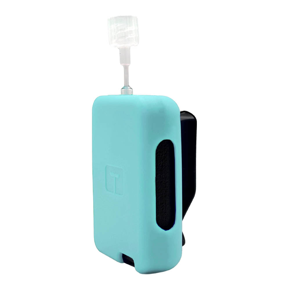 Aqua Tandem Mobi EZ-To-Charge Clip with Mobi insulin pump inside the case, standing straight up tilted to left. 