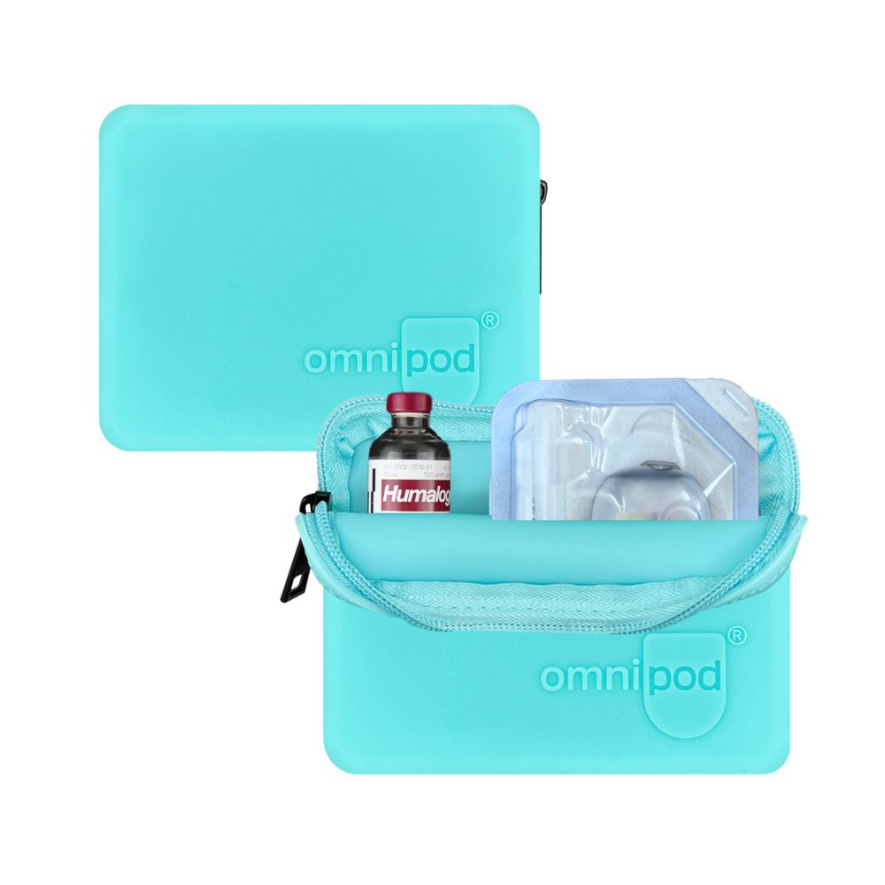 Aqua insulin carrying case with 'omnipod' branding, containing a vial of insulin and pod.