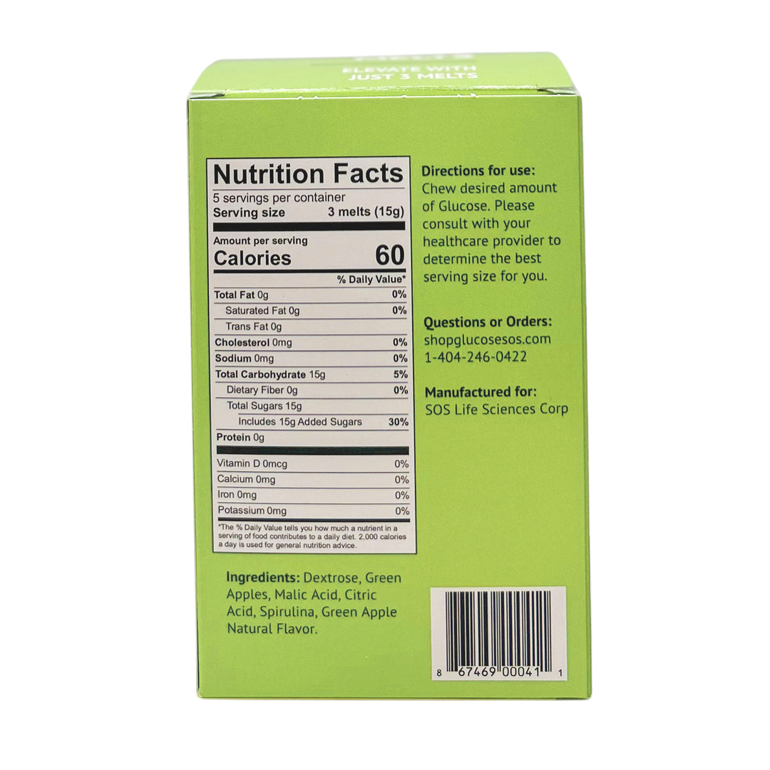 A box of Green Apple Glucose Melts showing nutrients facts, directions and glucose sos contact information. 