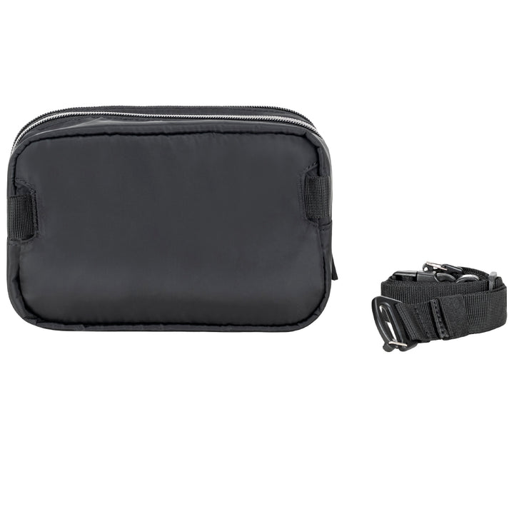 The back of the Black Diabetes Nylon Belt Bag showing the removable waist belt ranges from 23 inches to 50 inches detached. 