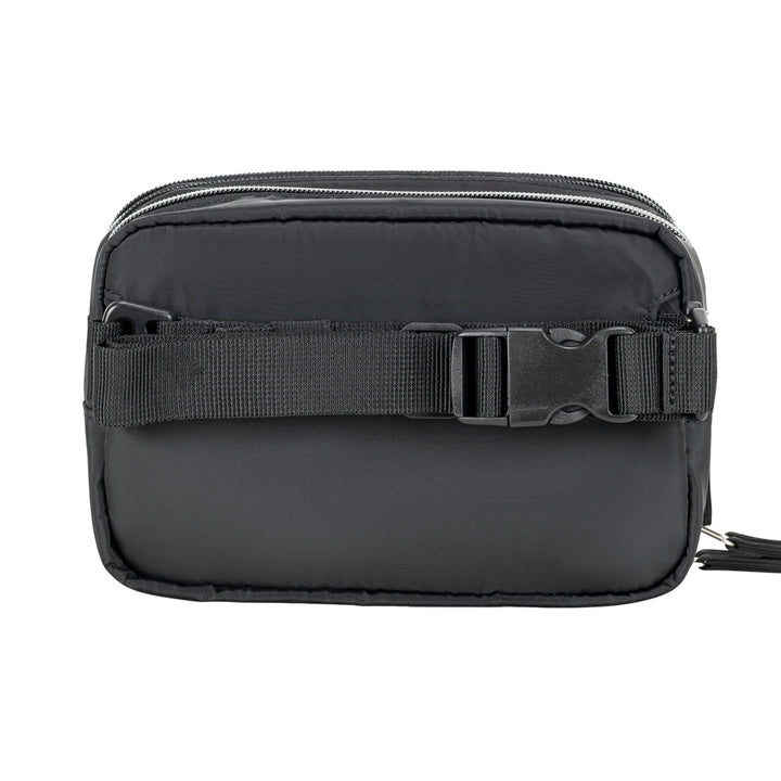 The back of the Black Diabetes Nylon Belt Bag showing the removable waist belt ranges from 23 inches to 50 inches attached. 