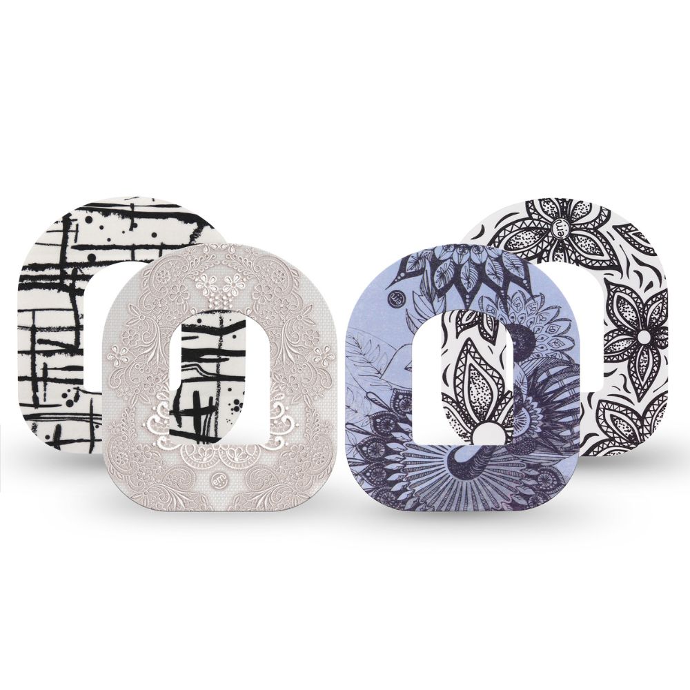 Expression Med patch designs: Lace, Black and White Drip, Black Tie Floral and Dani Floral featuring our Pod specific cut-out!