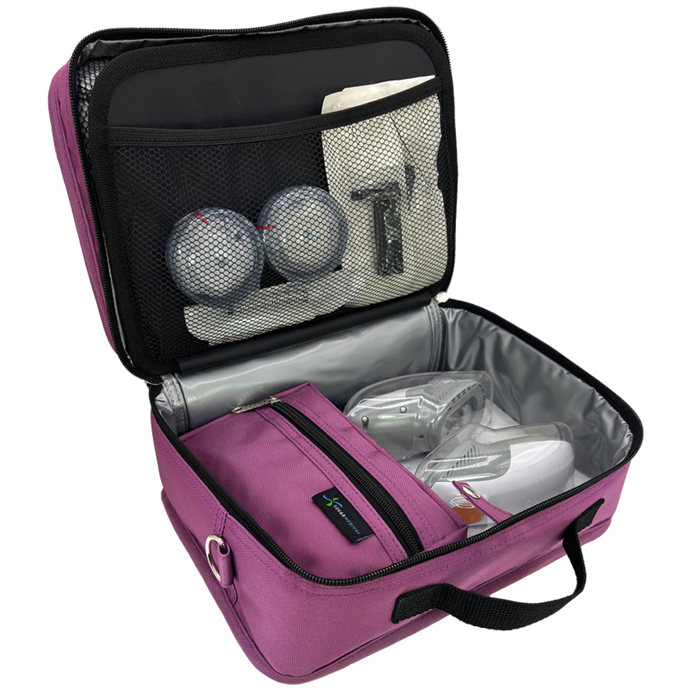 Diabetes Insulated Travel Bag in orchid back compartment for a glucagon kit, Tandem supplies, Dexcom, snacks, glucose tablets, and includes a removable pouch.