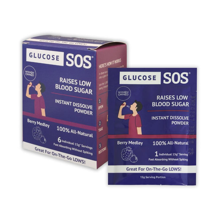 Box of Glucose SOS Berry Medley with six packets and one packet outside of the box. 