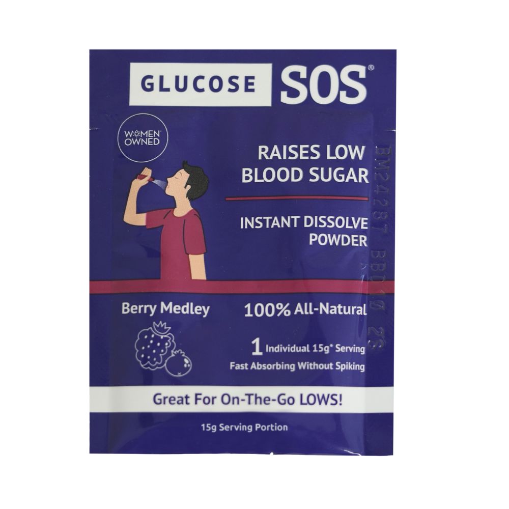 Packet of Glucose SOS Berry Medley raise low blood sugar. 
