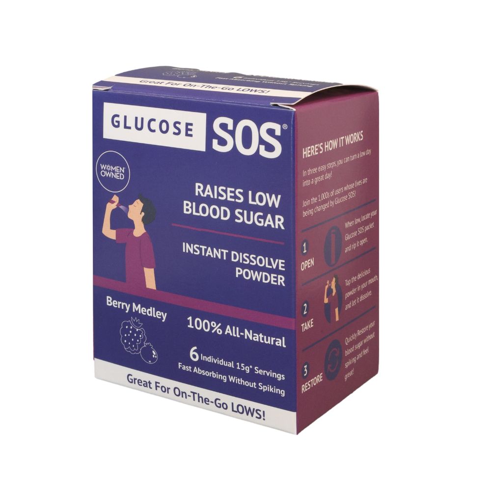 Box of Glucose SOS Berry Medley 100% natural instant dissolve powder. 