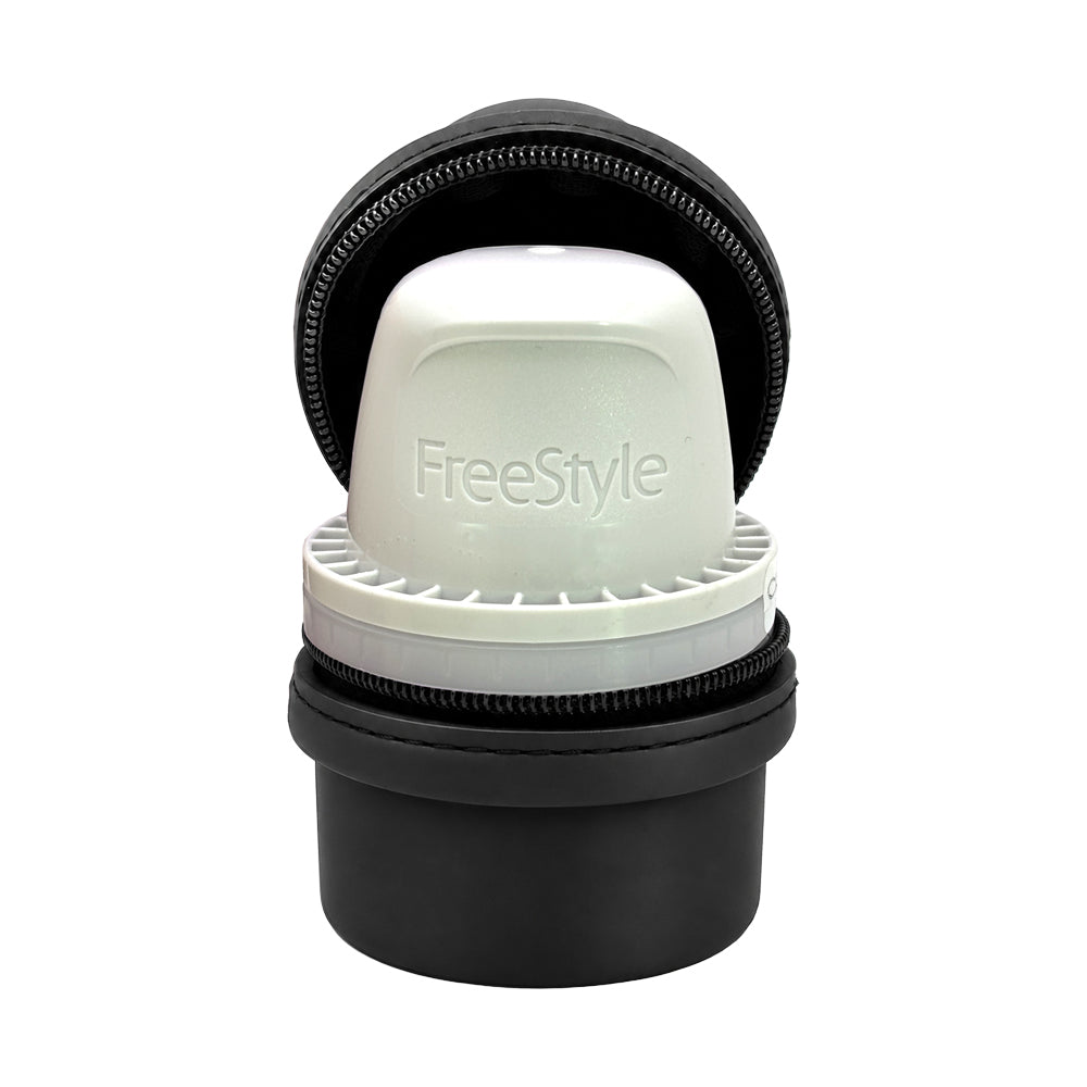 White Freestyle Libre 3 in a black Libre 3 Travel Protective case on a white background. 