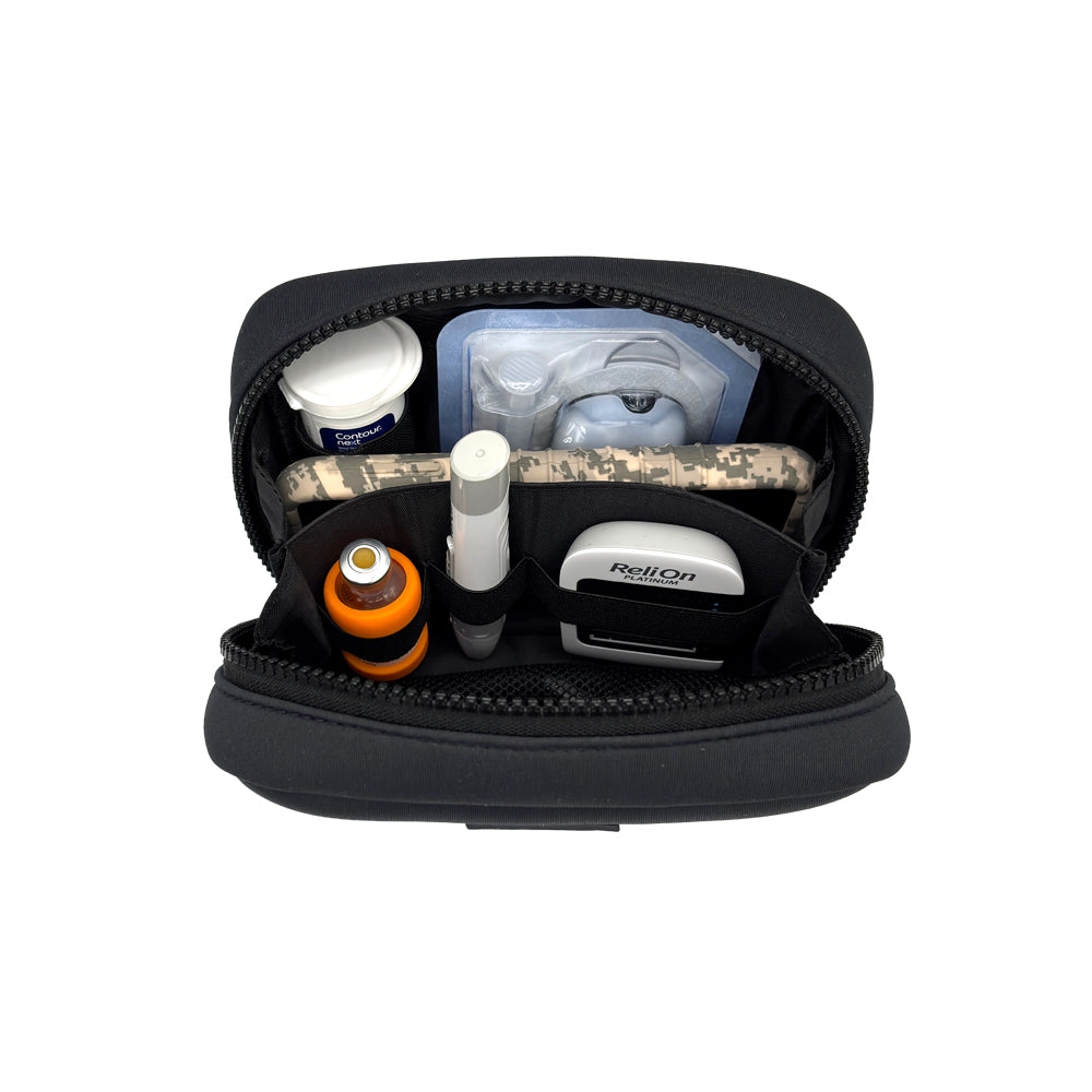 Open view of the Omnipod® Metro Supply Case in Black, displaying neatly organized Omnipod® PDM, pod, and other diabetes supplies inside the case.