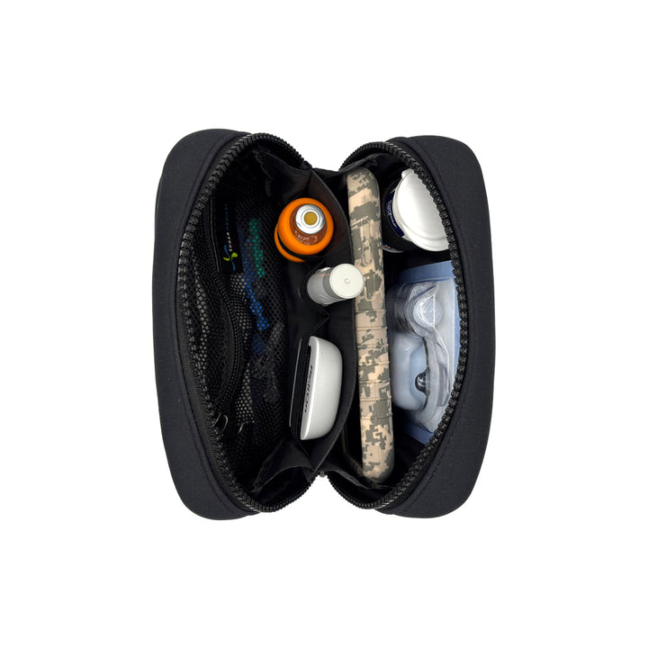 Vertical view of the Omnipod® Metro Supply Case in Black, displaying neatly organized Omnipod® PDM, pod, and other diabetes supplies inside the case.