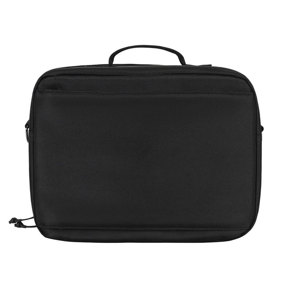Black travel bag with a handle and luggage strap on a white background 