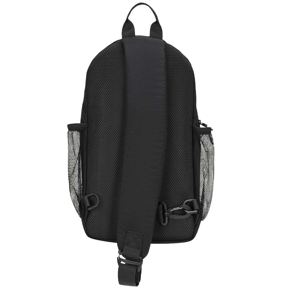 Black mesh backpack shown from the back, featuring a padded shoulder strap, side mesh pockets, and a top carry loop on a plain white background.