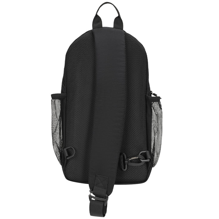 Black mesh backpack shown from the back, featuring a padded shoulder strap, side mesh pockets, and a top carry loop on a plain white background.