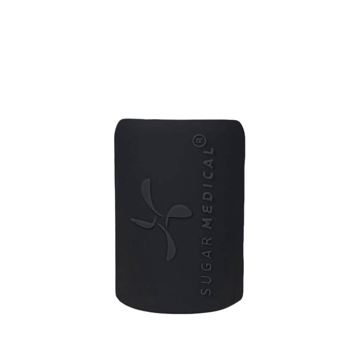 Back side view of black insulin vial silicone protective sleeve with sugar medical logo.