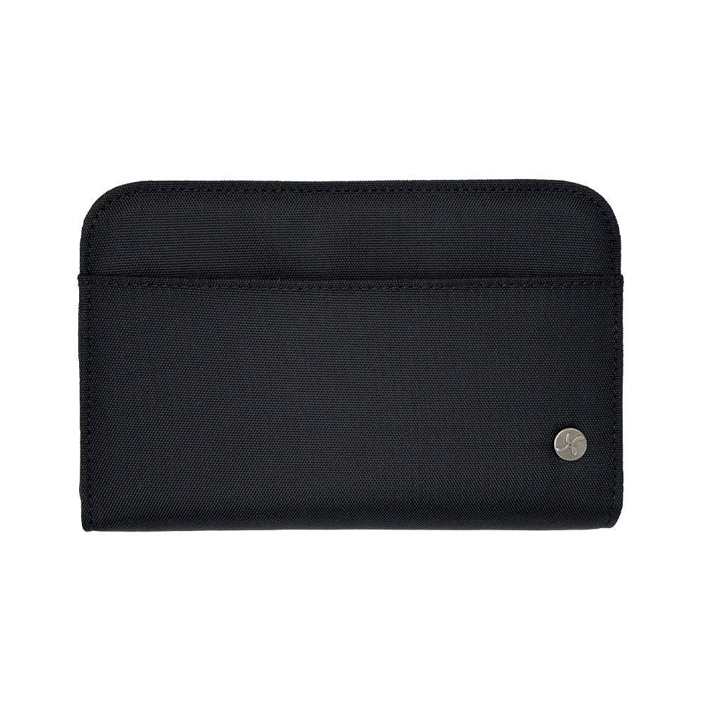 Black Heritage Diabetes Supply Case with front slip pocket and small silver Sugar Medical icon on the bottom right.