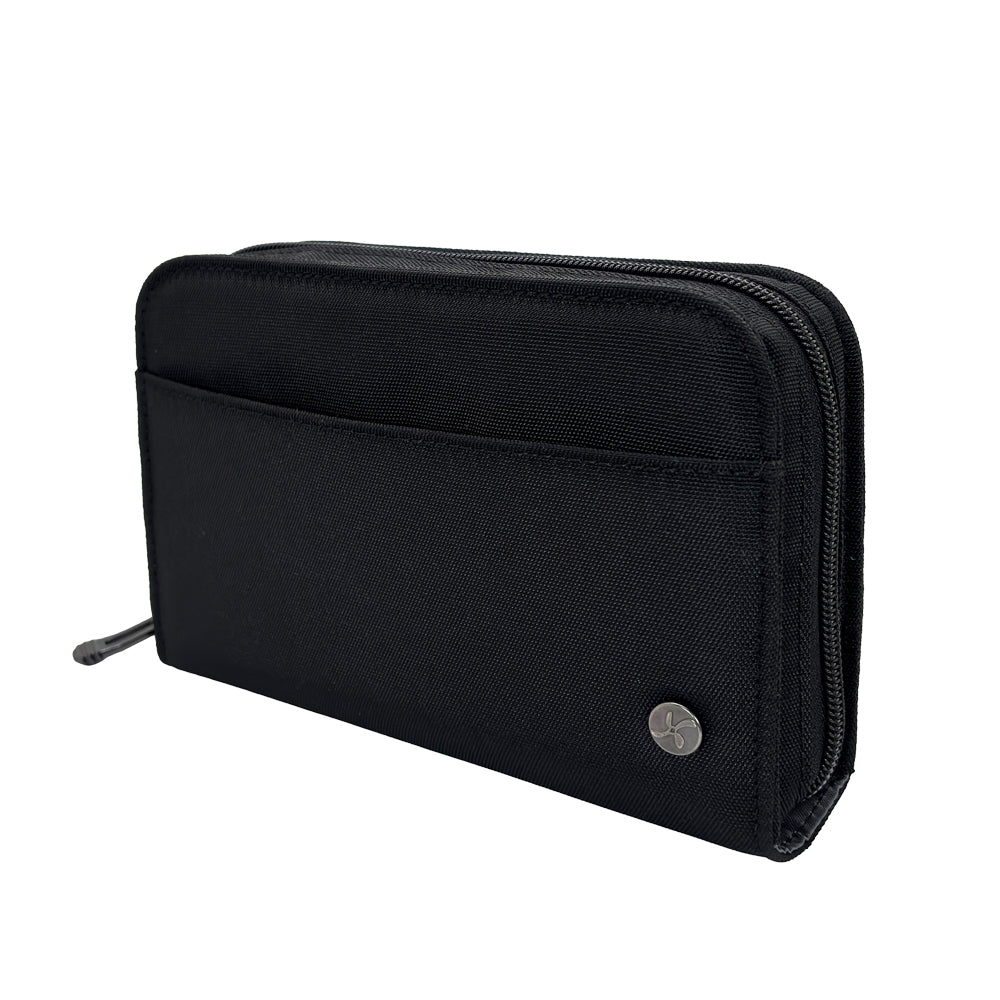 A black Heritage Diabetes Supply Case with silver zipper pull. 