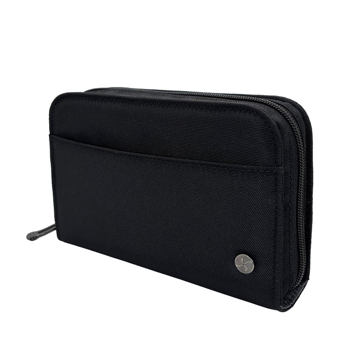 A black Heritage Diabetes Supply Case with silver zipper pull. 