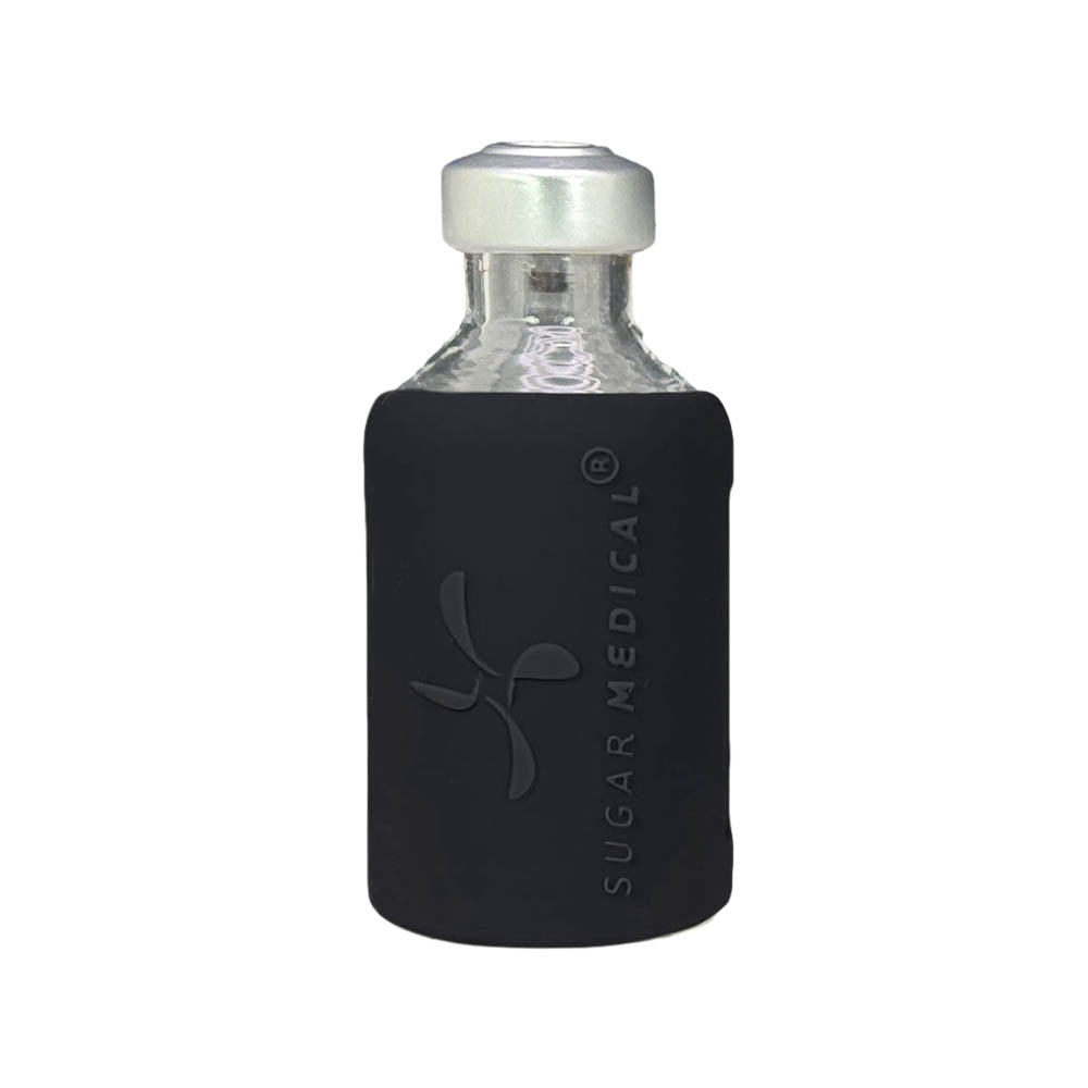 Back side of vial with black silicone insulin vial protective sleeve with Sugar Medical Logo.