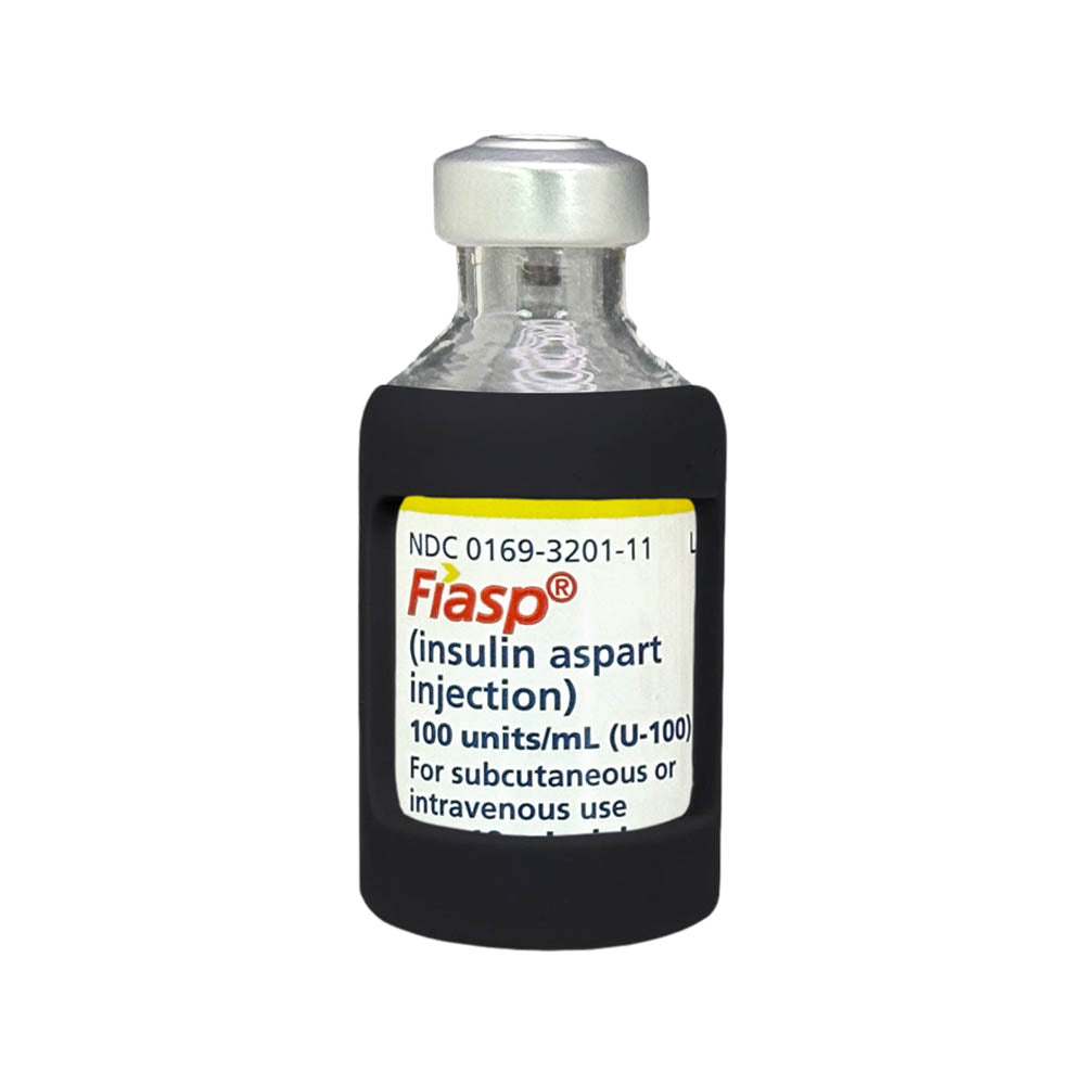 Front side of insulin vial with black silicone insulin vial sleeve for protection.