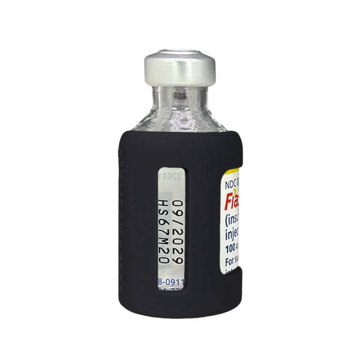 Side view of black insulin vial silicone protective sleeve with expiration date window. 