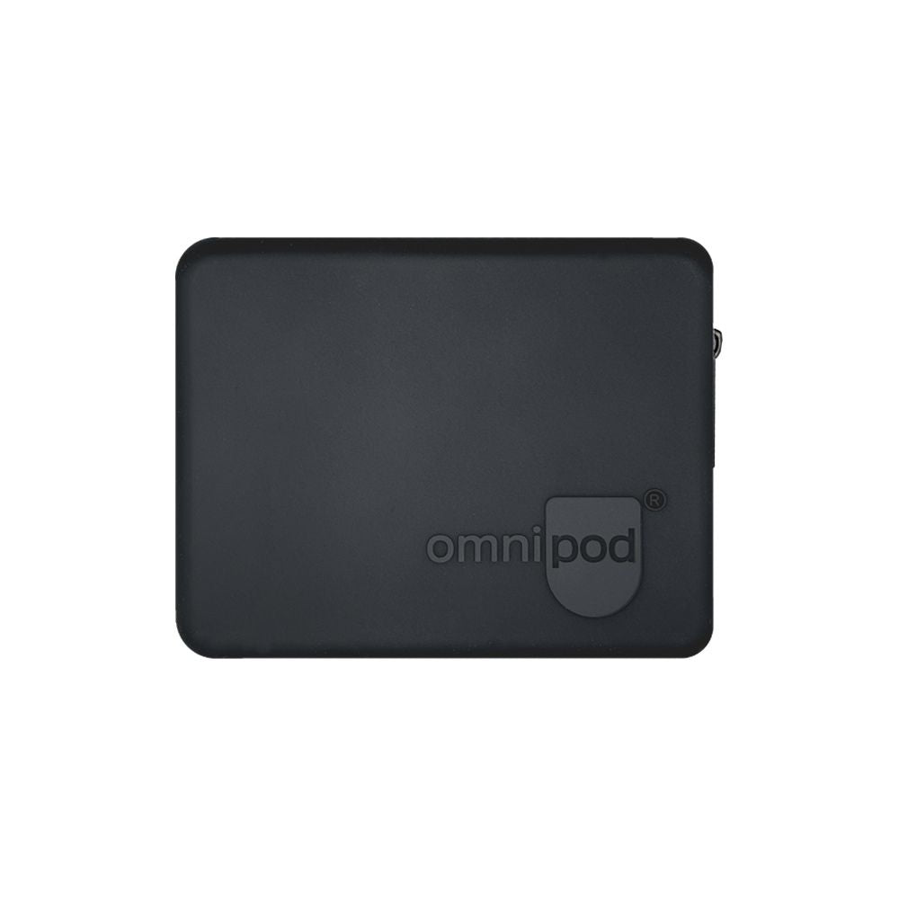 Front of the Black Omnipod® Protective Travel Case: A close-up view of the front of the black Omnipod® protective travel case, featuring a sleek, compact design with a zippered closure and the Omnipod® logo on the exterior.