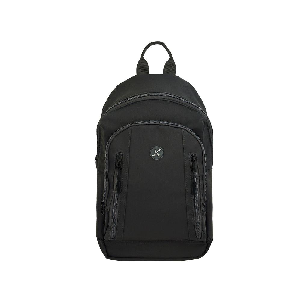A black backpack with multiple zippered compartments and a small circular logo patch on the front pocket, shown against a plain white background.
