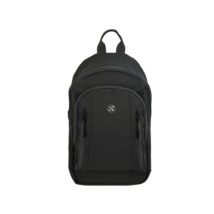 A black backpack with multiple zippered compartments and a small circular logo patch on the front pocket, shown against a plain white background.