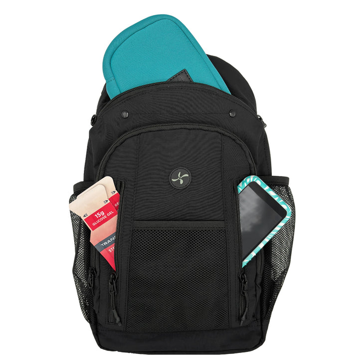 Diabetes Insulated Sling Backpack in black front zippered pocket with Omnipod 5 PDM, insulated back with diabetic supply case and water bottle inside mesh pocket. 
