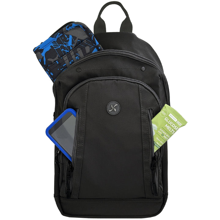 Black backpack with a blue and black patterned diabetes supply case in back pocket and Omnipod 5 and glucose in front pockets on a white background.