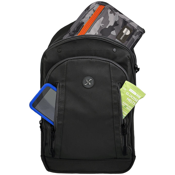 Black backpack with camouflage Omnipod case in top section, Omnipod 5, and glucose meter on a white background