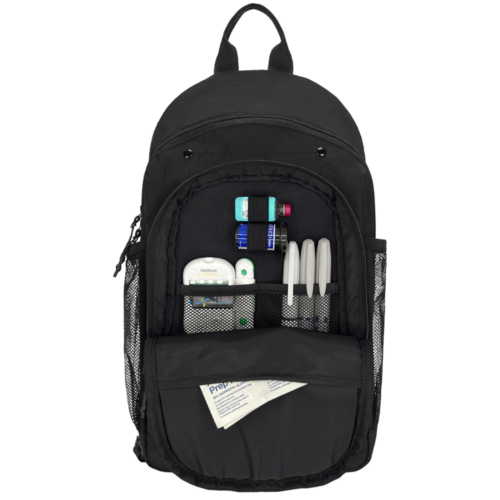 Diabetes Insulated Sling Backpack in black front compartment set up with glucose meter, test strips, insulin vial and lancet. 
