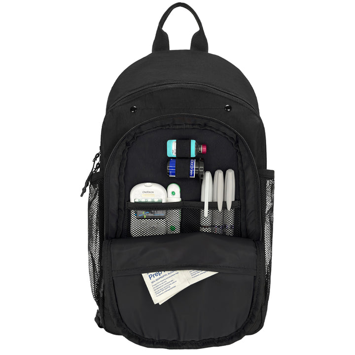 Diabetes Insulated Sling Backpack in black front compartment set up with glucose meter, test strips, insulin vial and lancet. 