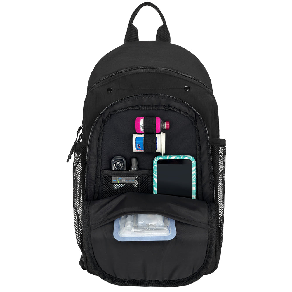 Diabetes Insulated Sling Backpack in black front compartment set up with Omnipod 5 PDM, glucose meter, test strips, extra POD and lancet. 
