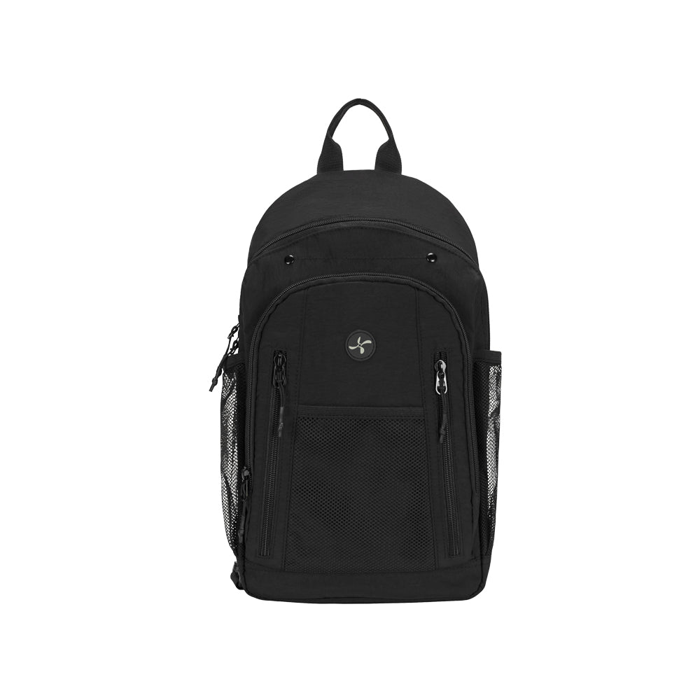 A black backpack with multiple zippered compartments and side mesh pockets, shown against a plain white background.