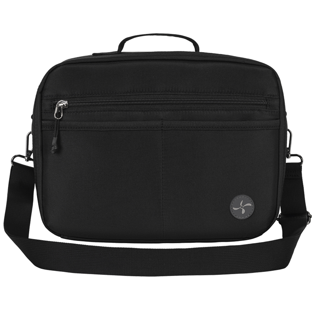 Front view of a black diabetes travel bag with a black shoulder strap, zippered compartments, and a compact, durable design.
