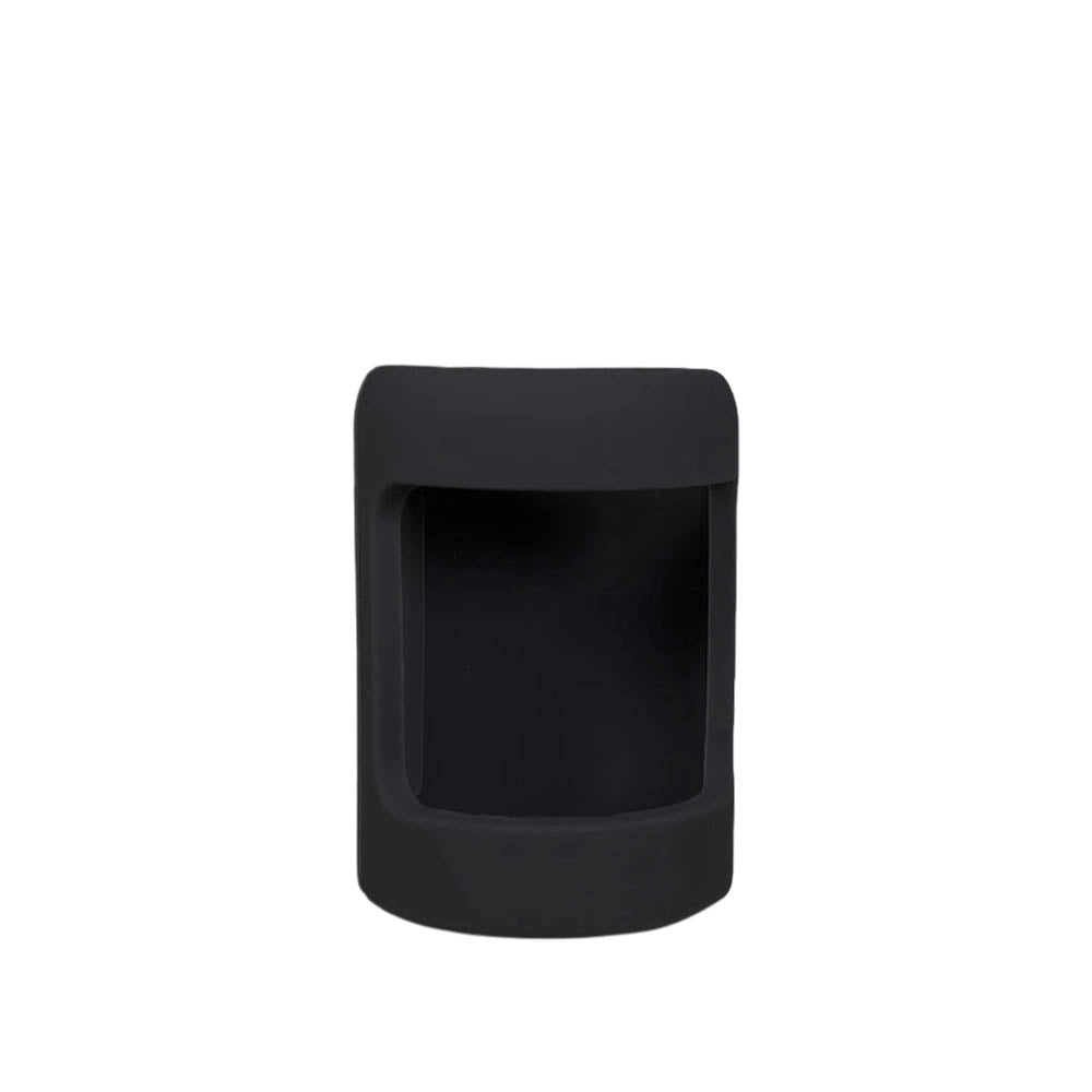 Front view of black insulin vial silicone protective sleeve with opening for insulin vial label.