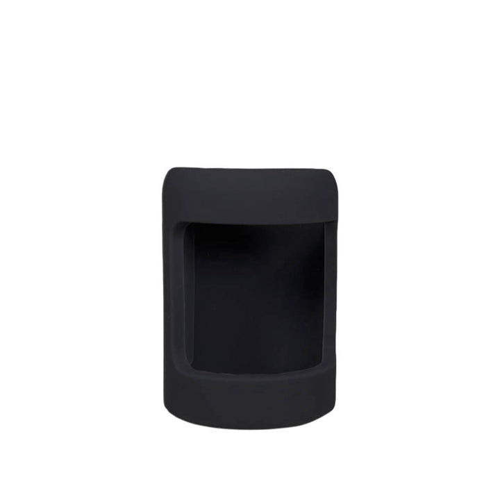 Front view of black insulin vial silicone protective sleeve with opening for insulin vial label.