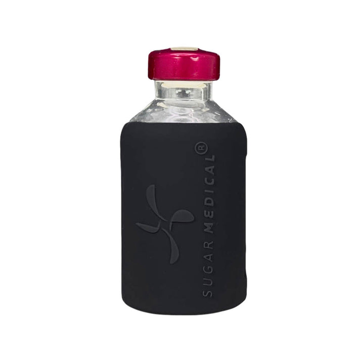 Back side of vial with purple glitter silicone insulin vial protective sleeve with Sugar Medical Logo.