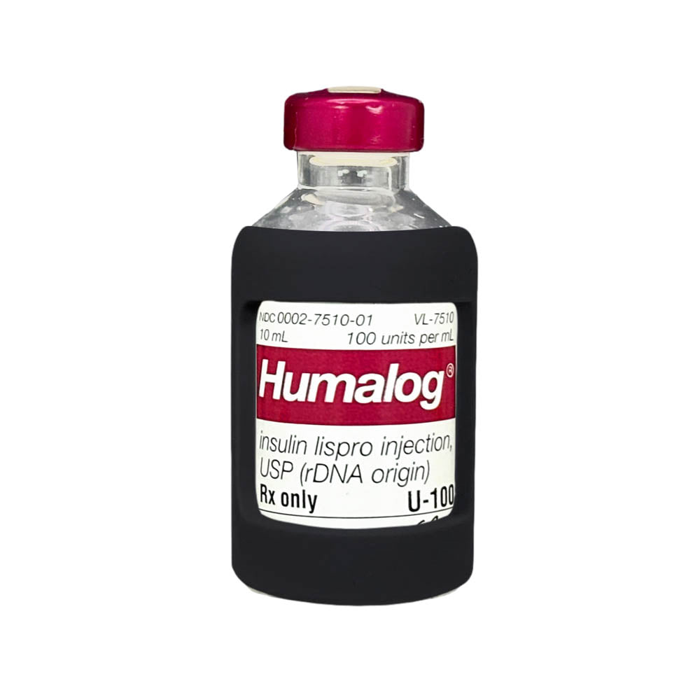 Front side of insulin vial with black silicone insulin vial sleeve for protection.