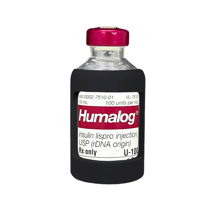 Front side of insulin vial with black silicone insulin vial sleeve for protection.