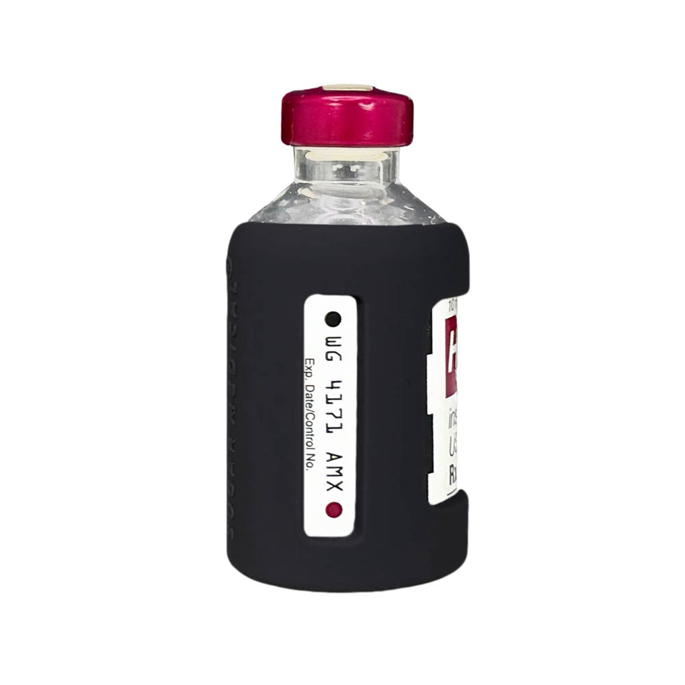 Side view of black insulin vial silicone protective sleeve with expiration date window. 