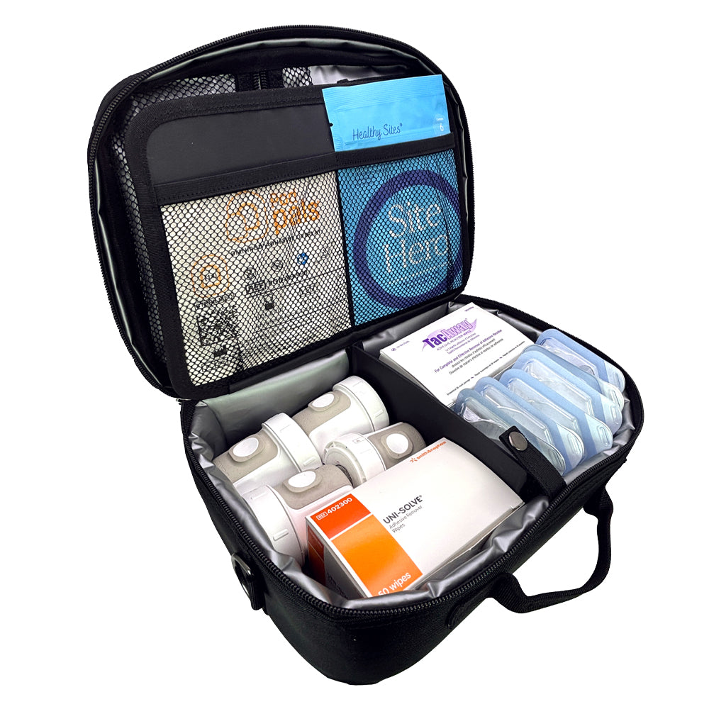 Diabetes Insulated Travel Bag in black compartment for podpals, Omnipod supplies, extra pods, snacks, tac a way, and wipes.