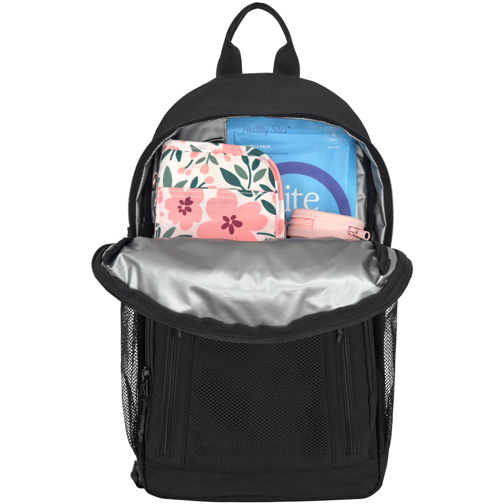 Diabetes Insulated Sling Backpack in black back insulated compartment with Sugar Medical Omnipod supply case, glucagon, juice box, and ice pack. 