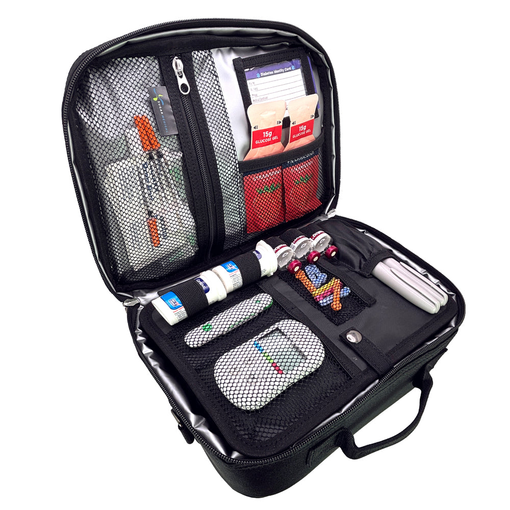 Diabetes Insulated Travel Bag in black front section has pockets for glucose meter and lancing device and loops for insulin vials and pocket for insulin pens. 