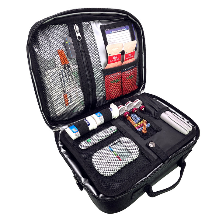 Diabetes Insulated Travel Bag in black front section has pockets for glucose meter and lancing device and loops for insulin vials and pocket for insulin pens. 