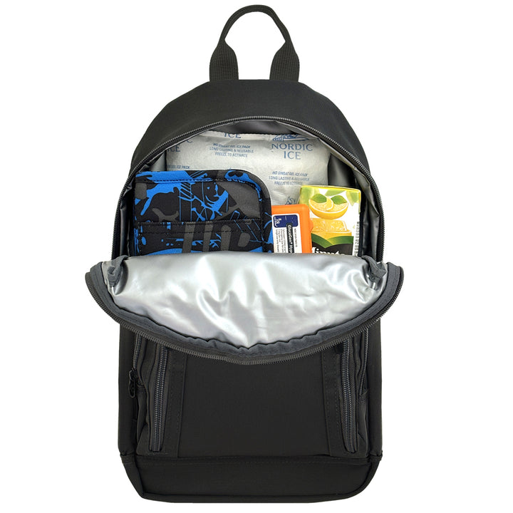Black backpack with open n=back insulated compartment showing ice pack, diabetes supply case, glucagon and juice box on a white background