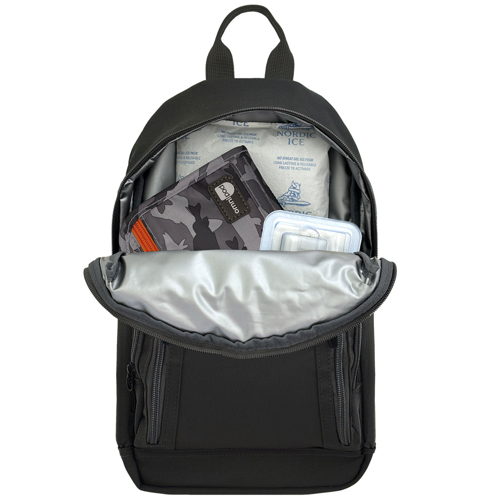 Black backpack with insulted compartment containing ice pack, Omnipod case and extra pod on a white background.