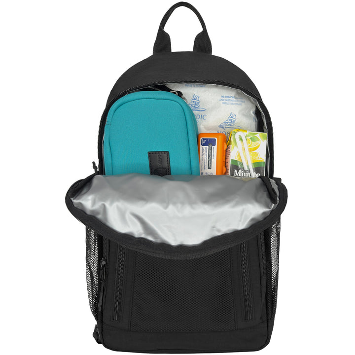 A black backpack shown open against a white background, revealing its interior layout and storage capacity. Inside, a turquoise zippered pouch, a white medical-style pouch, an orange item, and a small packaged item are visible.