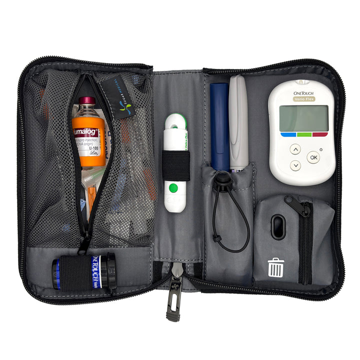 An open gray and black medical organizer pouch containing various diabetes management tools, including a white OneTouch glucose meter, pens, a thermometer, and storage compartments, shown on a white background.