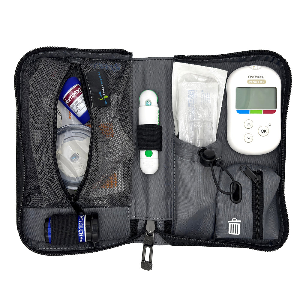 An open gray and black diabetes management kit organizer bag, showing its interior compartments filled with a blood glucose meter, test strips, a lancet, a small bottle, and other medical supplies on a white background.